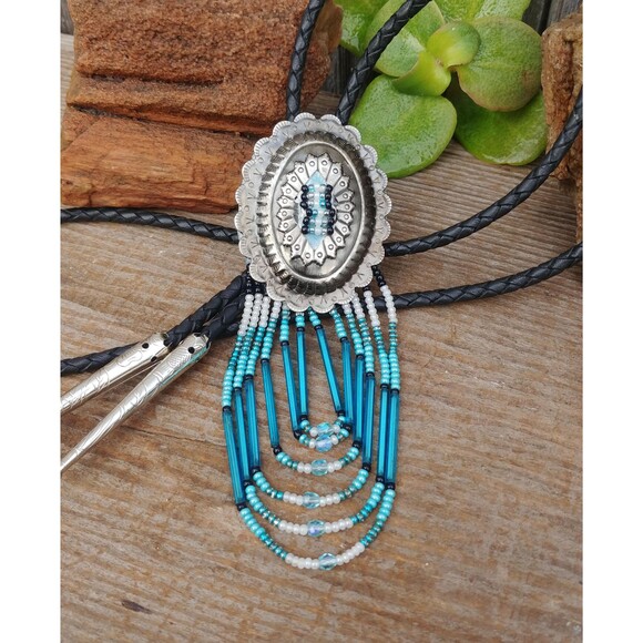 Handcrafted Glass Bead Pendant Bolo Tie, Southwestern Style Necklace - Picture 1 of 10